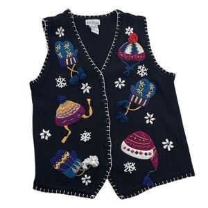 B.P. Design Christmas Sweater Vest Women Med Winter Hats Snowflakes Ramie Cotton